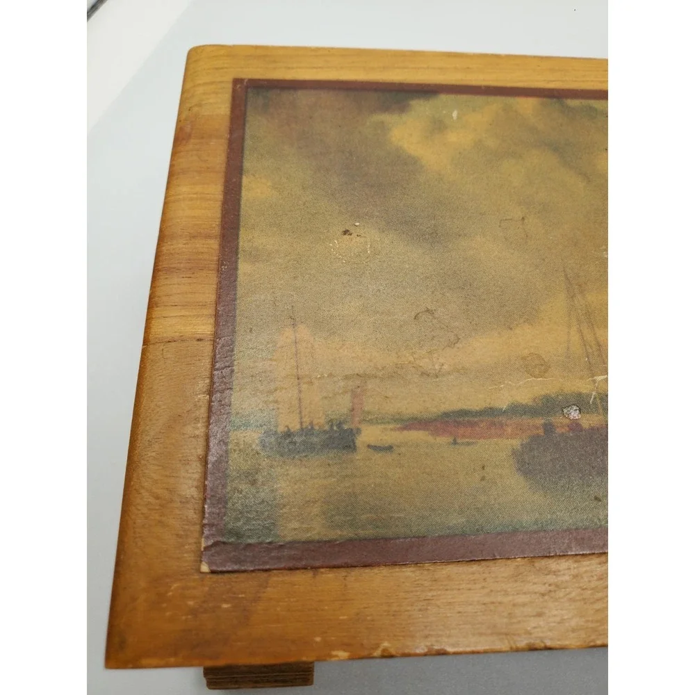 Vintage Wooden Jewelry Trinket Box Hinged Overlay 9 x 5 Inches Footed Holland